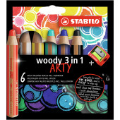 PASTELLONE WOODY 3 IN 1 ( MINA &Oslash; 10 MM. ) ARTY SCATOLA 6 COLORI CON TEMPERINO GIGANTE STABILO
