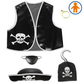 set travestimento PIRATA CON gilet, cappello, benda per occhio, orecchino, uncino WIDMANN