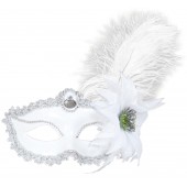 MASCHERA DOMINO BIANCHI CON ROSA E PIUME WIDMANN