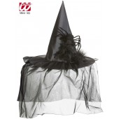 CAPPELLO STREGA CON TULLE, PIUME E RAGNO WIDMANN
