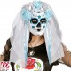 MASCHERA DIA DE LOS MUERTOS DECORATA CON VELO IN PIZZO BIANCO, NASTRI E ROSE AZZURRE 26 ARGENTO WIDMANN