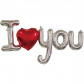 PALLONCINO IN MYLAR SCRITTA ARGENTO E ROSSO "I &hearts;YOU" CM. 123 ROCCA FUN FACTORY