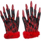 GUANTI DIAVOLO CON UNGHIE E FIAMME GLITTER ROSSE WIDMANN